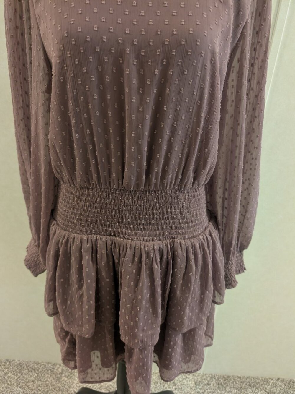 American Eagle Mauve Swiss Dot Smocked Tiered Mini Dress Women Large Boho - Picture 4 of 7
